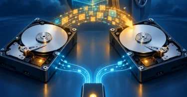 Ilustración editorial de dos discos y una memoria USB para representar una clonación y copia verificable