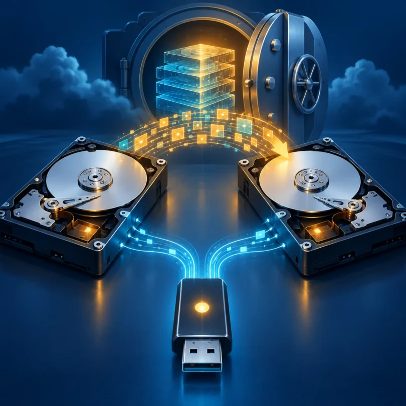 Ilustración editorial de dos discos y una memoria USB para representar una clonación y copia verificable