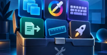 Ilustración editorial de una caja modular con utilidades de productividad