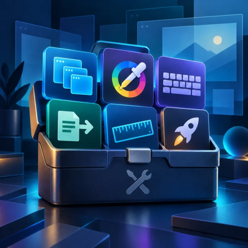 Ilustración editorial de una caja modular con utilidades de productividad