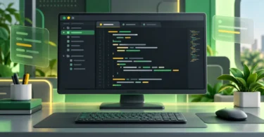 Ilustración editorial de un editor de código abierto en un monitor