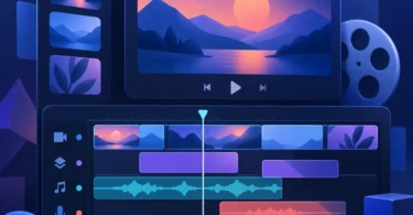 Ilustración editorial de una línea de tiempo de vídeo con clips, pistas y formas de onda
