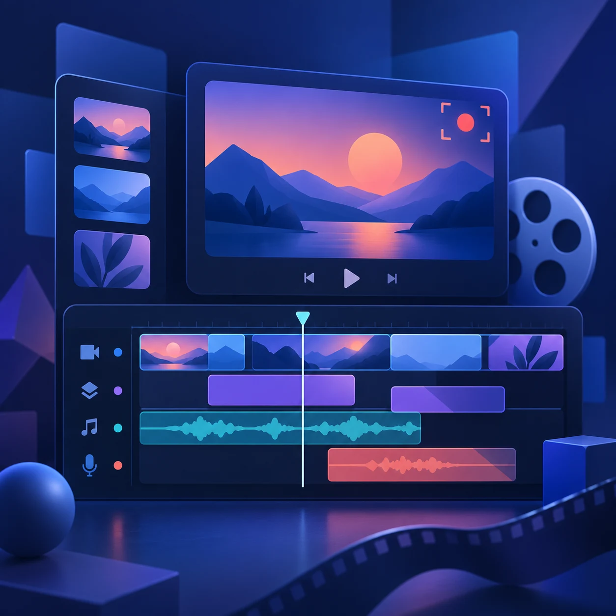 Ilustración editorial de una línea de tiempo de vídeo con clips, pistas y formas de onda