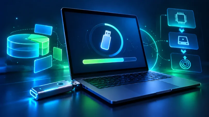 Ilustración editorial de un portátil y una memoria USB durante la creación de un medio de arranque