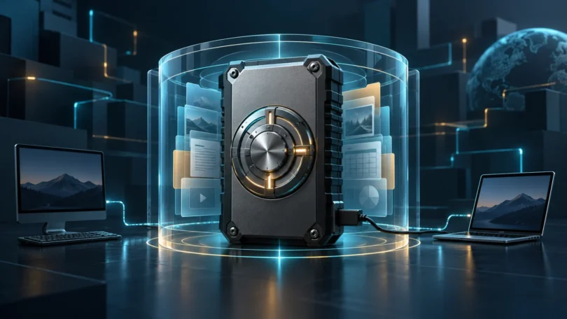 Ilustración editorial de una unidad cifrada protegida por una bóveda digital